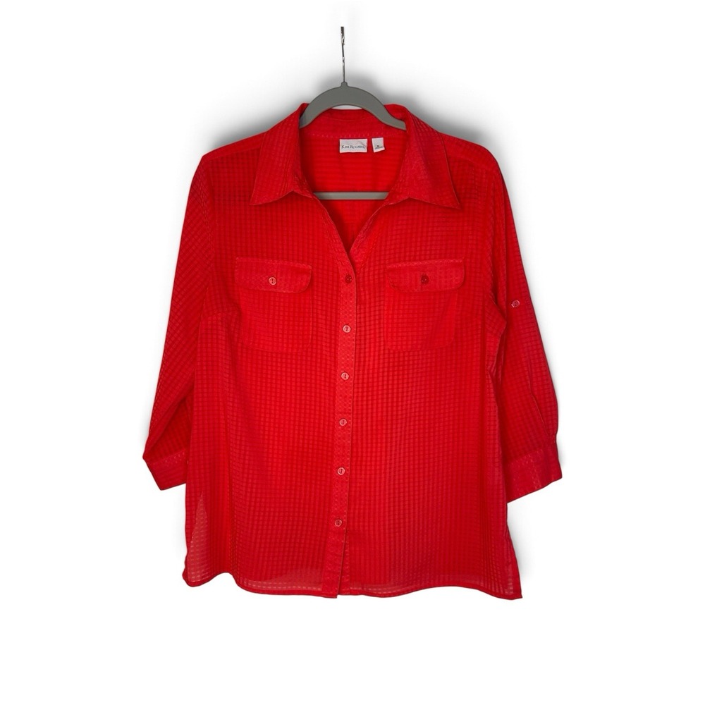 Kim Rogers Womens M Red Sheer Check Button Down Blouse Roll Tab Sleeve Pockets